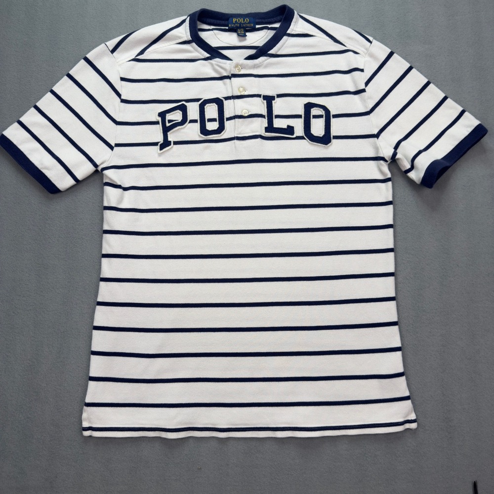 Polo Ralph Lauren Striped Henley Shirt Kids XL 18-20 Navy White Short Sleeve